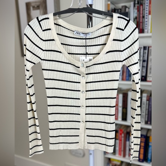 ZARA Striped Fine Cardigan, off white, small - Picture 1 of 8
